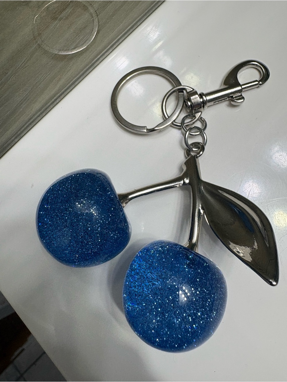 Blue Glitter Cherry Keychain Charm